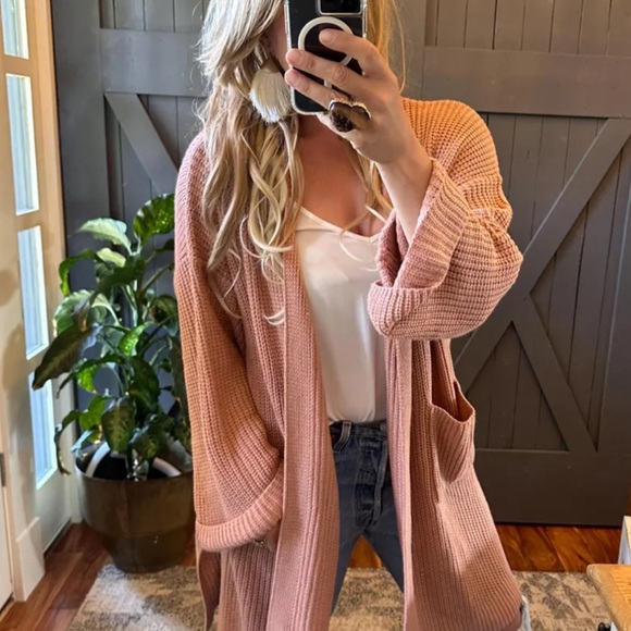New Womens Oversized Knit Cardigan Sweater Cotton Blush Pink Crochet Yarn - Picture 7 of 10